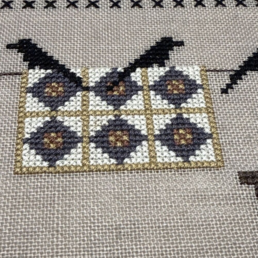 Crows On Clothesline Framed Cross Stitch Completed 16”x8.5” Framed Art - Picture 7 of 9